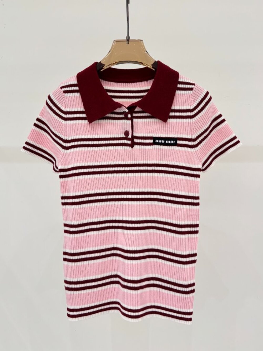 Miu Miu Pink Striped Ribbed Knit Polo Short Sleeve Top